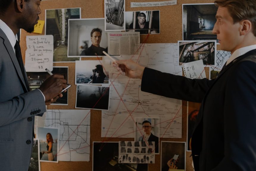 Dois investigadores analisam um painel com fotografias, mapas e anotações durante uma investigação criminal.