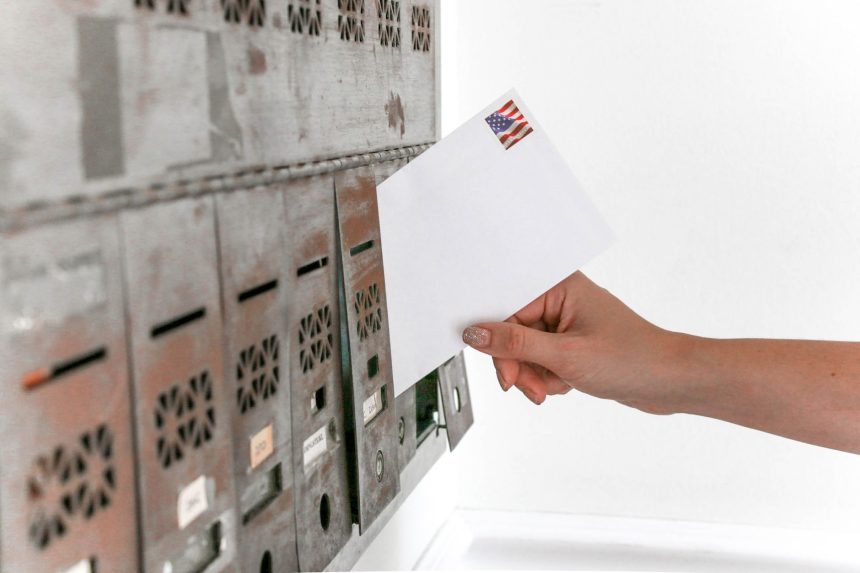 Mão inserindo um envelope selado em uma caixa de correio, representando o envio de um voto pelo correio.