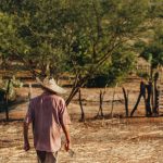 Agricultor caminha por um campo seco em área rural do Brasil.