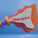 Ilustração 3D de um megafone colorido com a expressão “Fake News”, representando a propagação de desinformação na mídia digital.