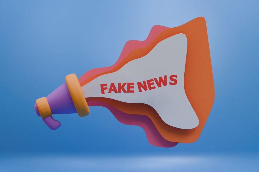 Ilustração 3D de um megafone colorido com a expressão “Fake News”, representando a propagação de desinformação na mídia digital.