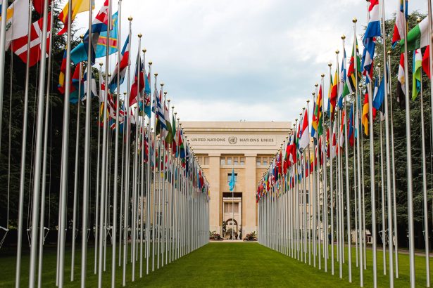 Bandeiras de diversos países diante da entrada da sede da ONU em Genebra, em um parque arborizado.
